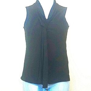 Top Tank Shell stretch black PussyCat Bow tie shirt blouse sleeveless v neck EUC